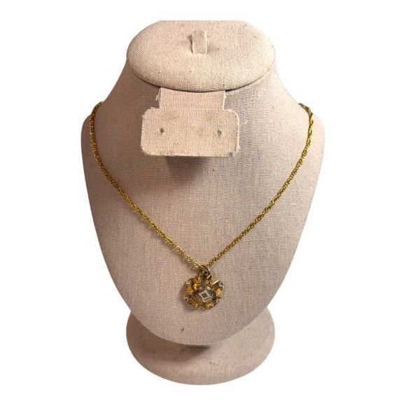 Gold-Tone Damascene Spain Pendant Necklace Flower & Twisted Chain 18" Vintage - Picture 2 of 9